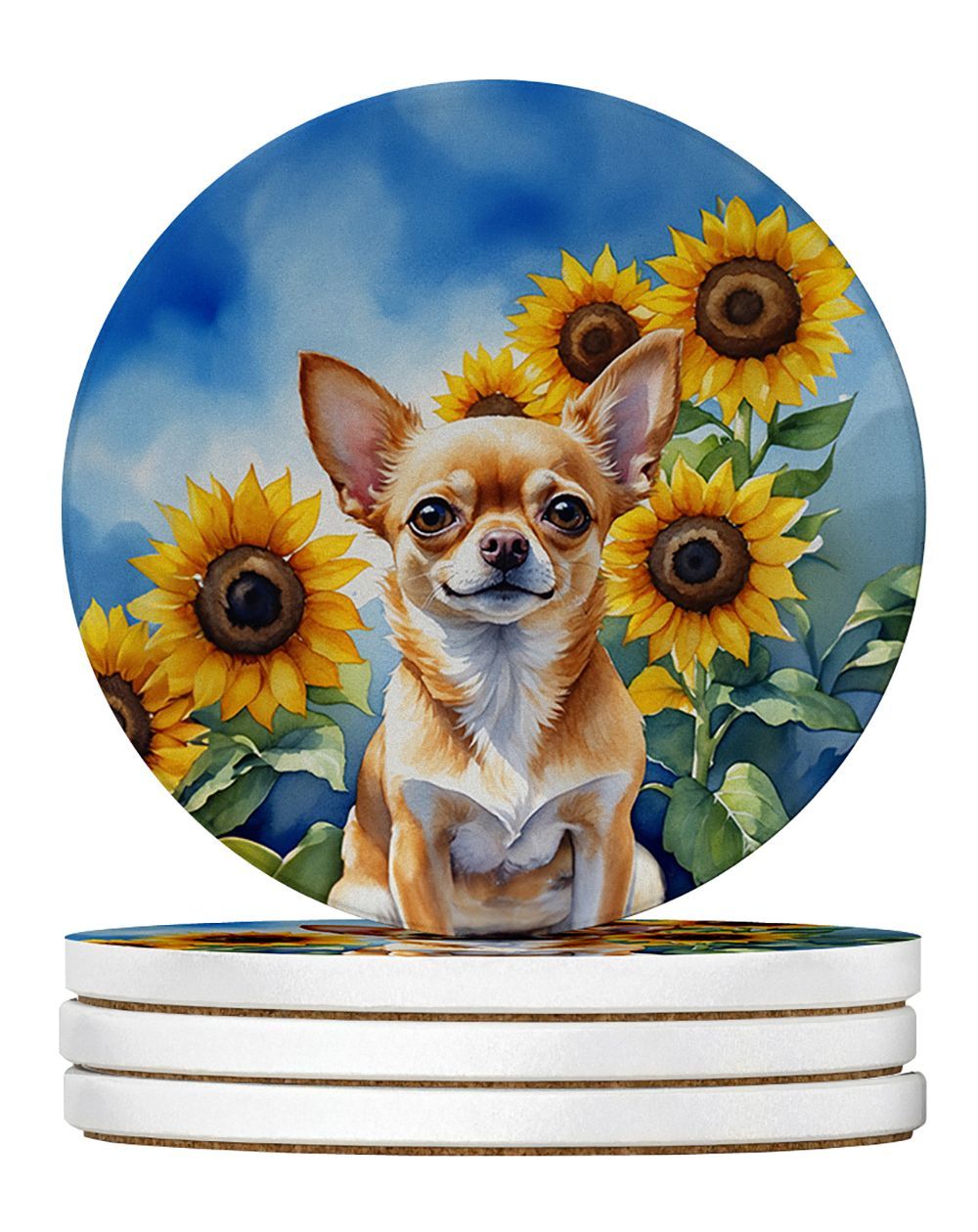 Chihuahua In Sunflowers Large Sandstone Coasters Pack Of 4 Absorbent Round Coasters Decor Gifts For Men Or Women, 4 In, Multicolor_maomaolike.com