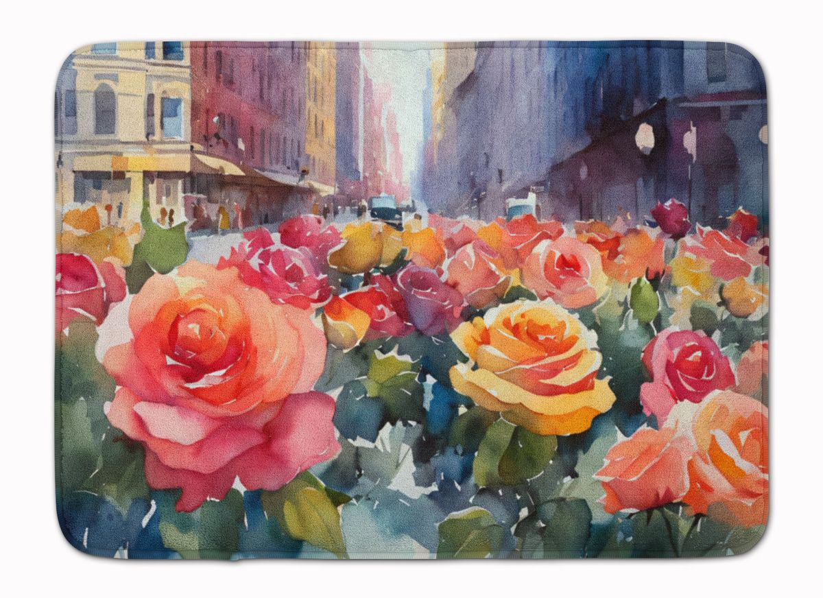 New York Roses In Watercolor Memory Foam Kitchen Mat Machine Washable Anti-Fatigue Mat Cushion Comfort Bath Mat Or Kitchen Rug_maomaolike.com