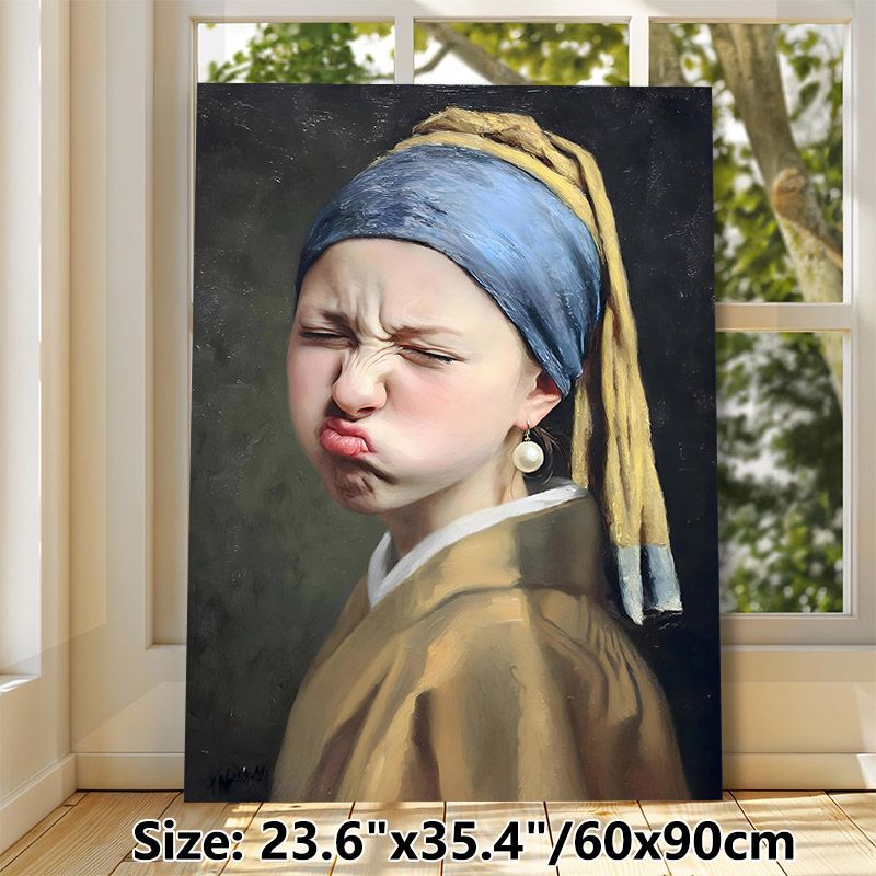 Parodied Girl With A Pearl Earring Painting Poster, Whimsical Oil-style Poster, Playful Distorted Facial Expression With Unique Artistic Twist, Ideal_maomaolike.com