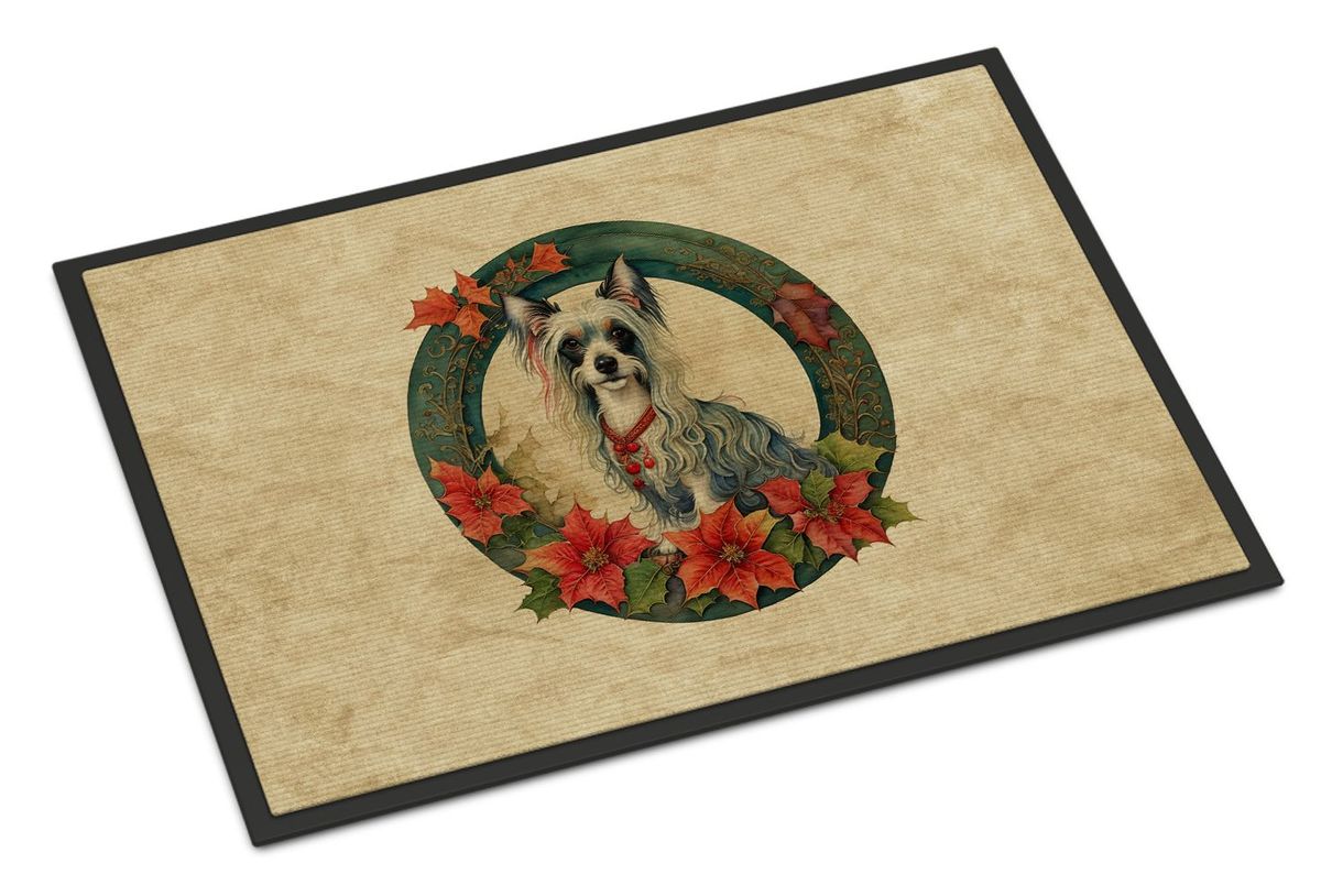 Chinese Crested Christmas Flowers Doormat Front Door Mat Indoor Outdoor Rugs For Entryway, Non Slip Washable Low Pile, 24H X 36W_maomaolike.com