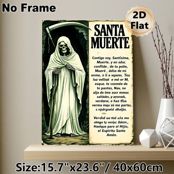 Santa Muerte Painting Poster, Vintage Gothic Hooded Skeleton With Scythe & Spanish Prayer Text Poster, Mysterious Spiritual Artwork Ideal For Home_maomaolike.com