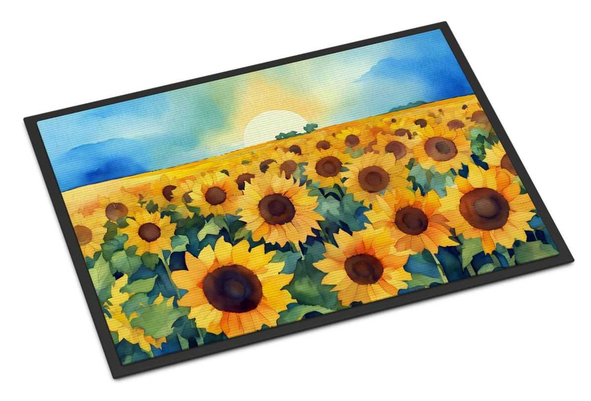 Kansas Sunflowers In Watercolor Doormat Front Door Mat Indoor Outdoor Rugs For Entryway, Non Slip Washable Low Pile, 24H X 36W_maomaolike.com