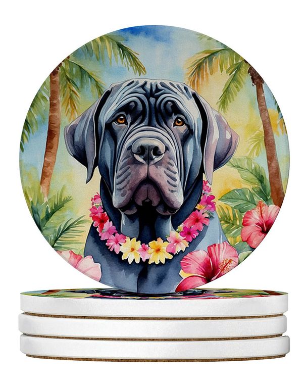 Neapolitan Mastiff Luau Large Sandstone Coasters Pack Of 4 Absorbent Round Coasters Decor Gifts For Men Or Women, 4 In, Multicolor_maomaolike.com