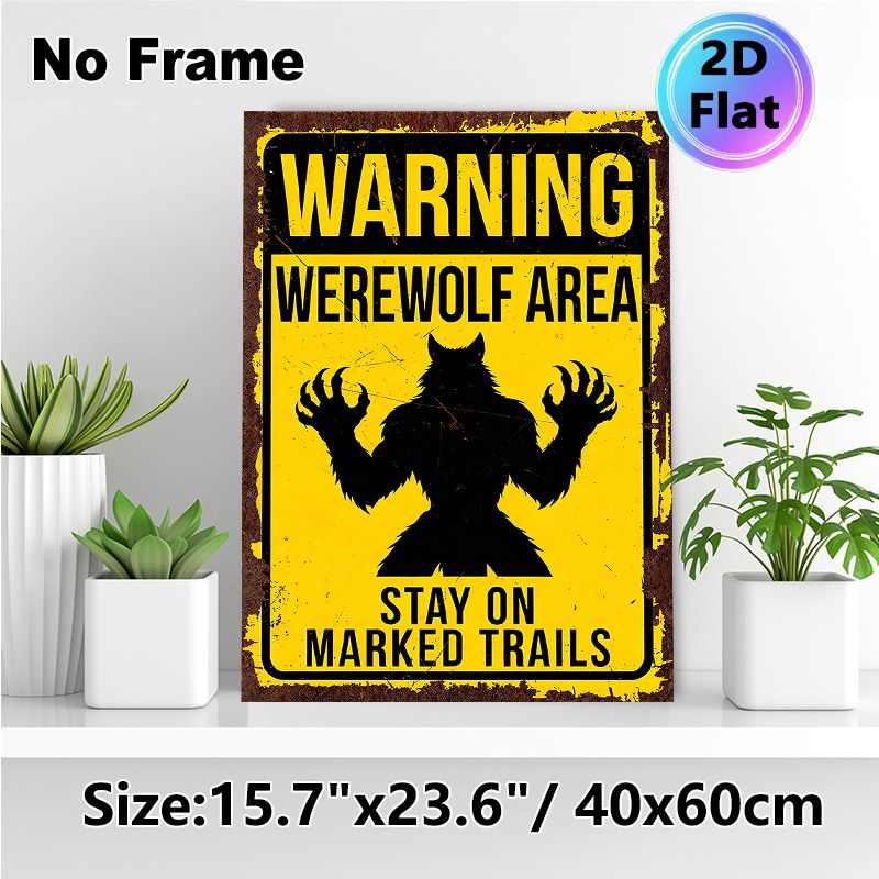 Werewolf Warning Painting Poster, Vintage Distressed Warning Sign Poster, Retro Werewolf Silhouette Design Ideal For Home Wall Decor, Cabin Or_maomaolike.com