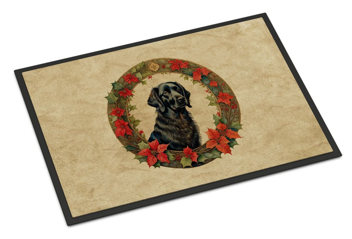 Flat-Coated Retriever Christmas Flowers Doormat Front Door Mat Indoor Outdoor Rugs For Entryway, Non Slip Washable Low Pile, 24H X 36W_maomaolike.com