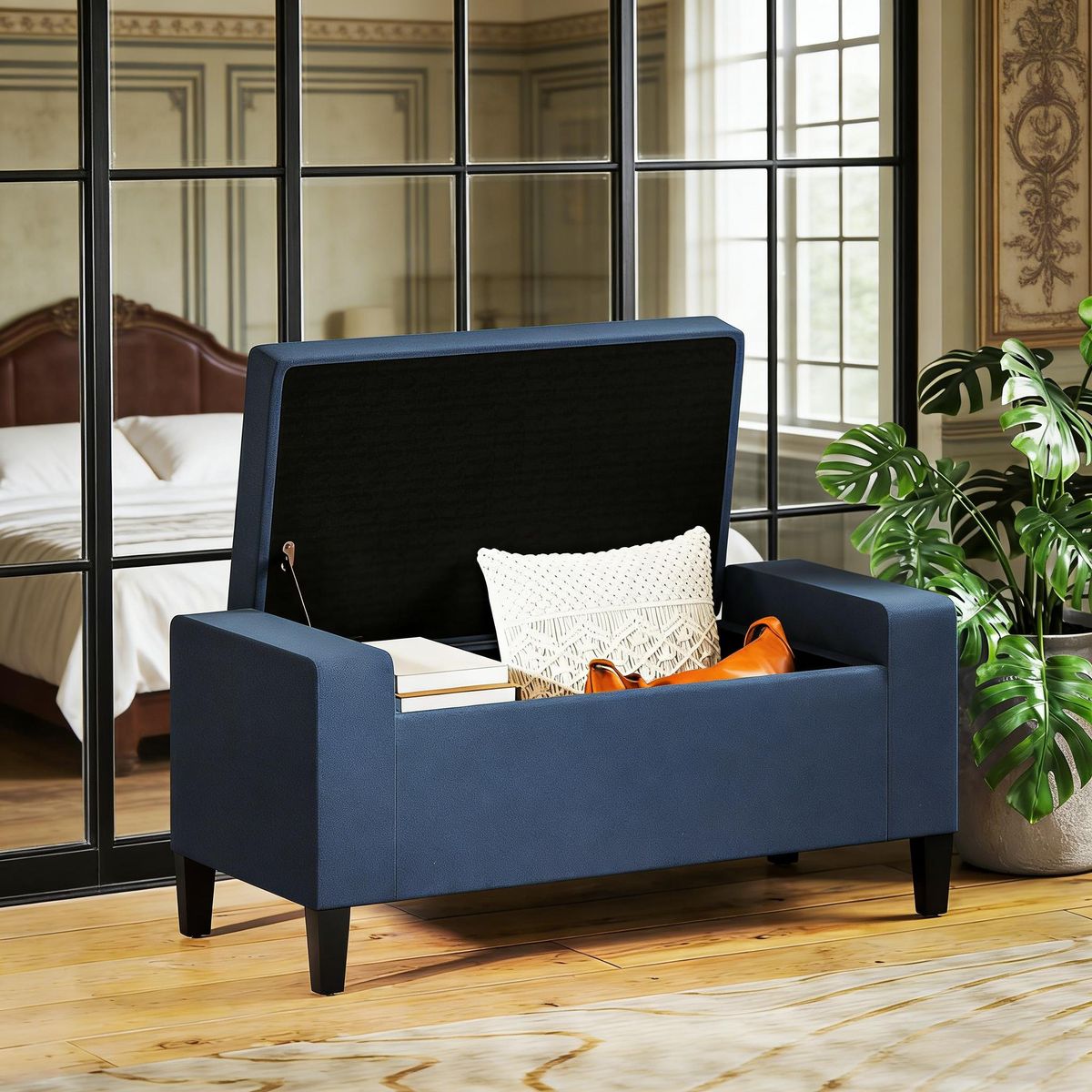 Ottoman Bench With Lift Top And Rubberwood Legs Upholstered Entryway Bench With Storage_maomaolike.com