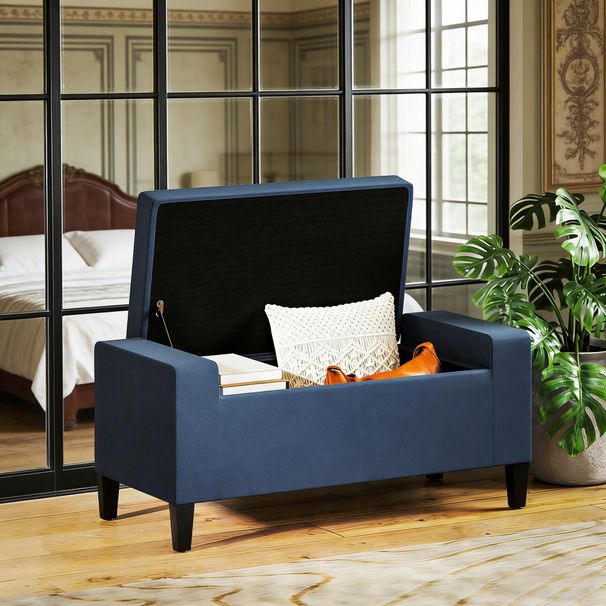 Ottoman Bench With Lift Top And Rubberwood Legs Upholstered Entryway Bench With Storage_maomaolike.com