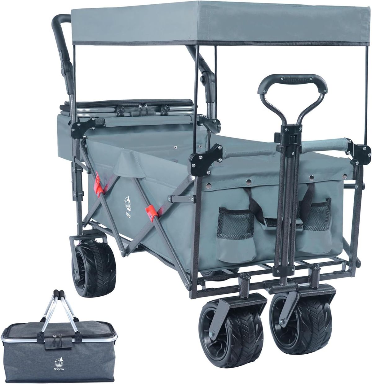 Collapsible Wagon Heavy Duty Folding Wagon Cart With Removable Canopy, 4" Wide Large All Terrain Wheels, Brake, Adjustable Handles,Cooler Bag Utility Carts For Outdoor Garden Beach_maomaolike.com