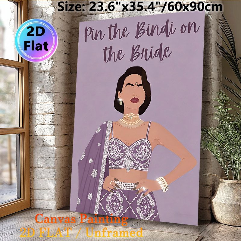 Pin The Bindi On The Bride Painting Poster, Vibrant Minimalist Style, Elegant Indian Bride In Purple Embellished Outfit Poster, Interactive Party Game_maomaolike.com