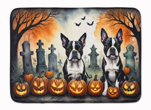 Boston Terrier Spooky Halloween Memory Foam Kitchen Mat Machine Washable Anti-Fatigue Mat Cushion Comfort Bath Mat Or Kitchen Rug_maomaolike.com