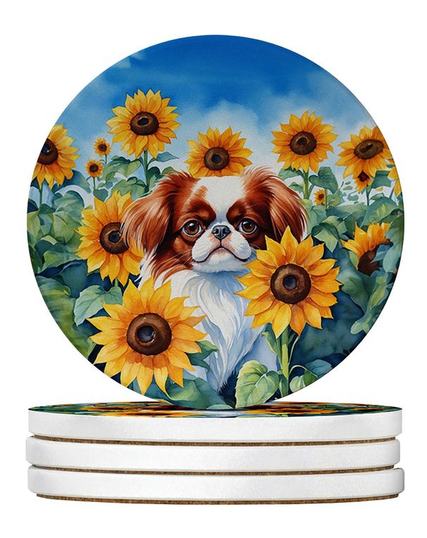 Japanese Chin In Sunflowers Large Sandstone Coasters Pack Of 4 Absorbent Round Coasters Decor Gifts For Men Or Women, 4 In, Multicolor_maomaolike.com