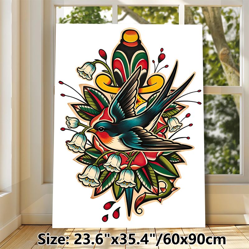 Swallow & Lily Of The Valley Painting Poster, Vibrant Vintage Tattoo Style Poster, Eye-catching Artistic Decor Suitable For Living Room, Bedroom And_maomaolike.com