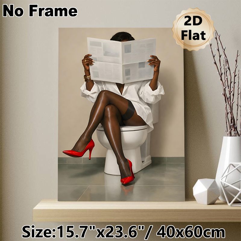 Fashionable Lady Reading Newspaper Painting Poster, Sleek Modern Portrait Poster, Eye-catching Decorative Piece For Bathroom Wall Decor_maomaolike.com