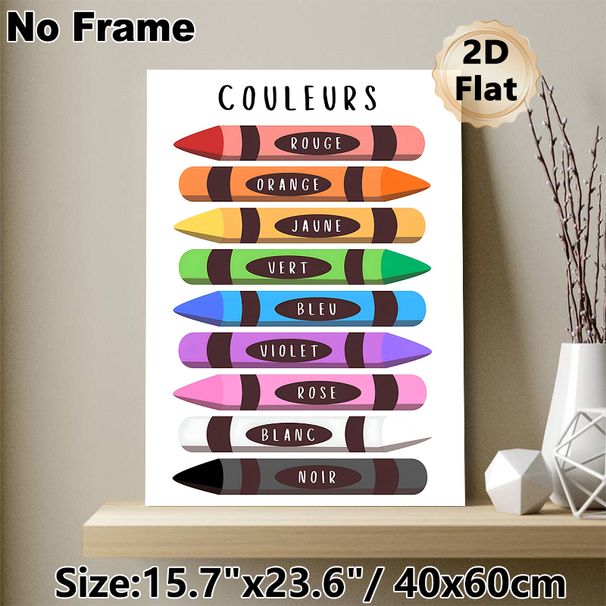 French Color Crayons Painting Poster, Vibrant Flat-style Colorful French-labeled Crayons Poster, Assists With French Color Vocabulary Learning, Ideal_maomaolike.com