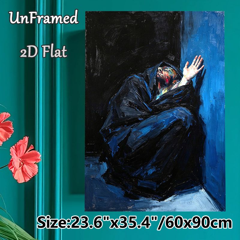 Expressive Seated Figure Painting Poster, Bold Impasto Style Poster, Dramatic Dark & Blue Toned Figure With Raised Hand, Evocative Artistic Decor_maomaolike.com