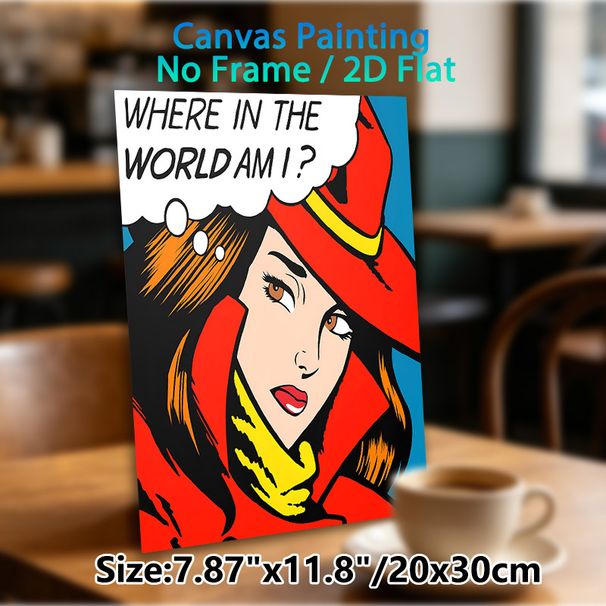Pop Art Confused Lady Painting Poster, Bold Retro Comic Style Poster, Eye-catching Stylized Lady With "Where In The World Am I?" Thought Bubble, Ideal_maomaolike.com