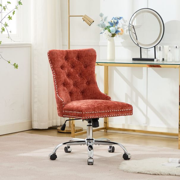 A&A Furniture Office Chair,Modern Chenille Upholstered Tufted Button Home Office Chair With Chrome Metal Base,Adjustable Desk Chair Swivel Office Chair Orange_maomaolike.com