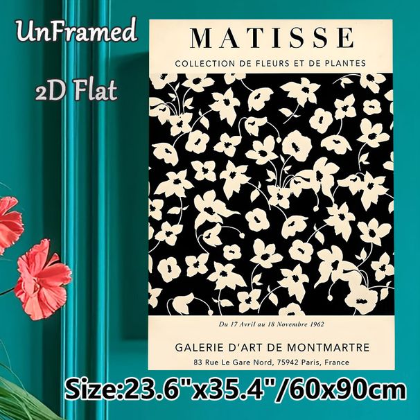 Floral & Plant Themed Matisse Style Painting Poster, Minimalist Black & White Abstract Floral Pattern Poster, Elegant Artistic Decor Suitable For_maomaolike.com