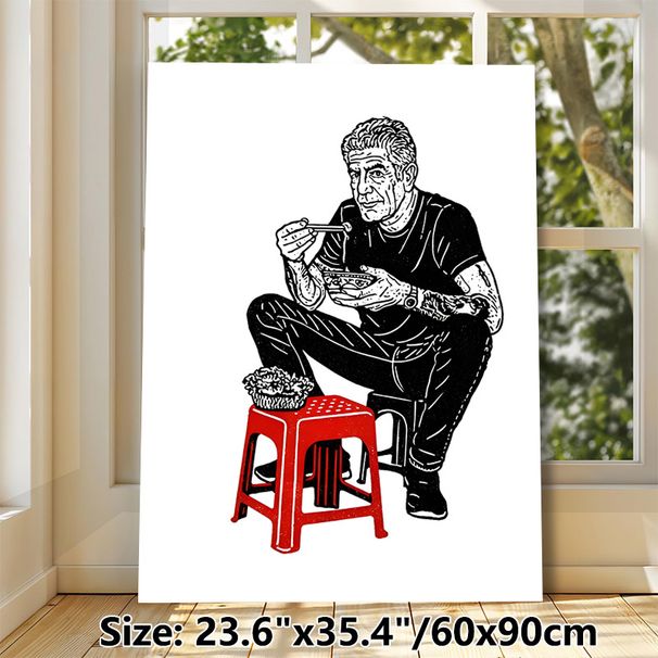 Man Eating Noodles Painting Poster, Bold Graphic Monochrome With Red Accent Poster, Unique Culinary-themed Decor Ideal For Kitchen And Dining Area_maomaolike.com