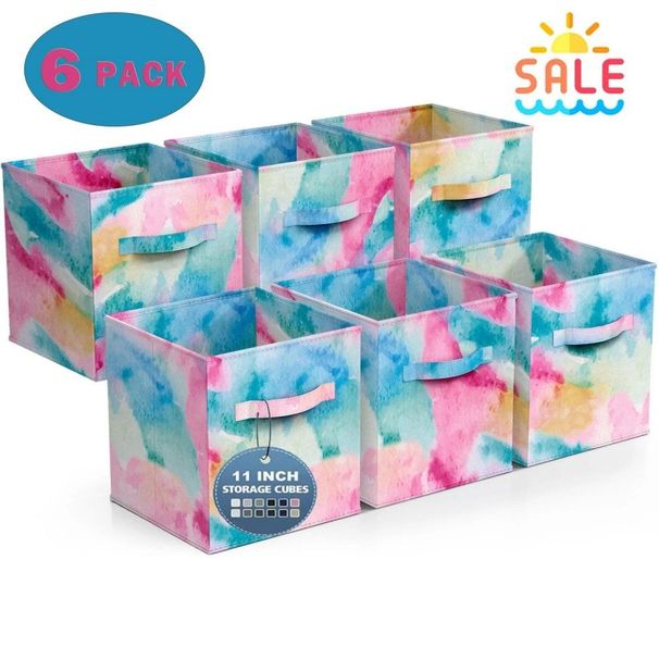 Fabric Storage Cubes - 6 Foldable Tie Dye Storage Bins For Organizing Cubbies, Toy Box - Clothes Storage & Closet Organizer - 11 Inch Collapsible Cube Baskets_maomaolike.com
