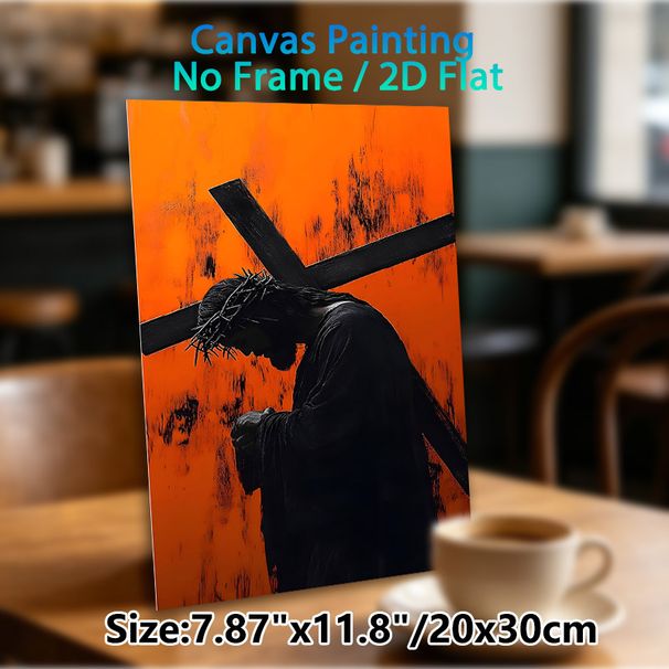 Jesus Carrying Cross Painting Poster, Dramatic Dark Silhouette With Vibrant Textured Orange Backdrop Poster, Meaningful Religious Spiritual Decor_maomaolike.com