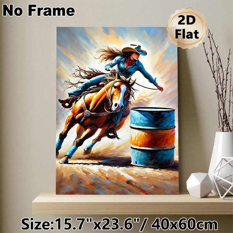 Barrel Racing Cowgirl Painting Poster, Vibrant Dynamic Oil Painting Style Poster, Captures Energetic Western Riding Action, Ideal For Living Room And_maomaolike.com