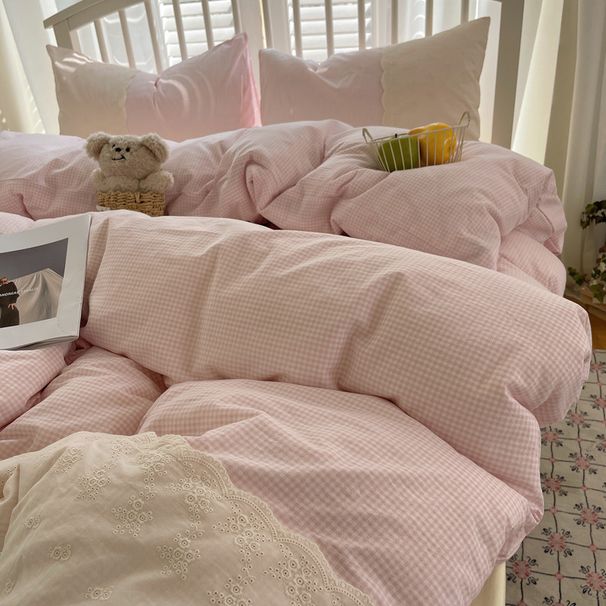 Wholesale INS Korean Cream Plaid Pure Four-Piece Full Princess Style Lace Trim Washed Cotton 4-Piece Set_maomaolike.com