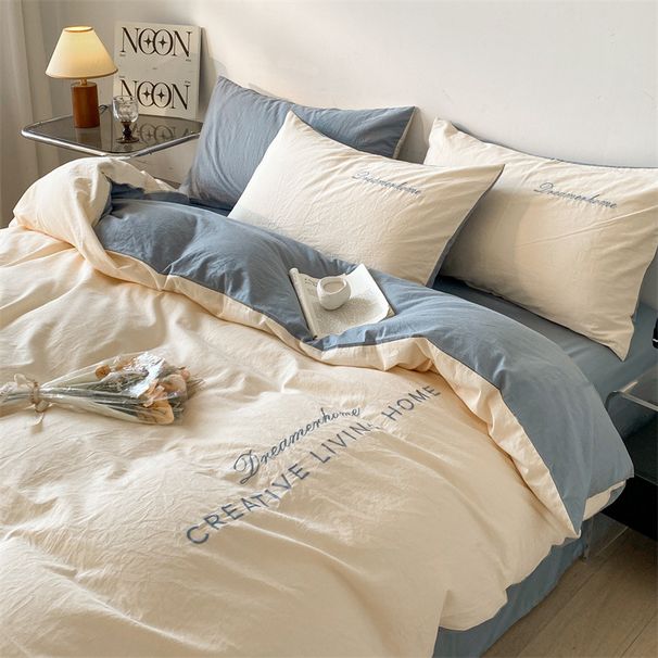 100% Cotton Embroidered 40s Four-Piece Ultra Soft Simple Solid Color Bed Sheet Duvet Cover Student Dormitory Set Wholesale_maomaolike.com