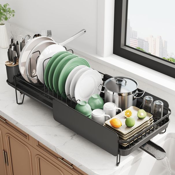 Large Expandable Dish Drying Rack For Kitchen Counter, 19.3-29.4 In, Black_maomaolike.com