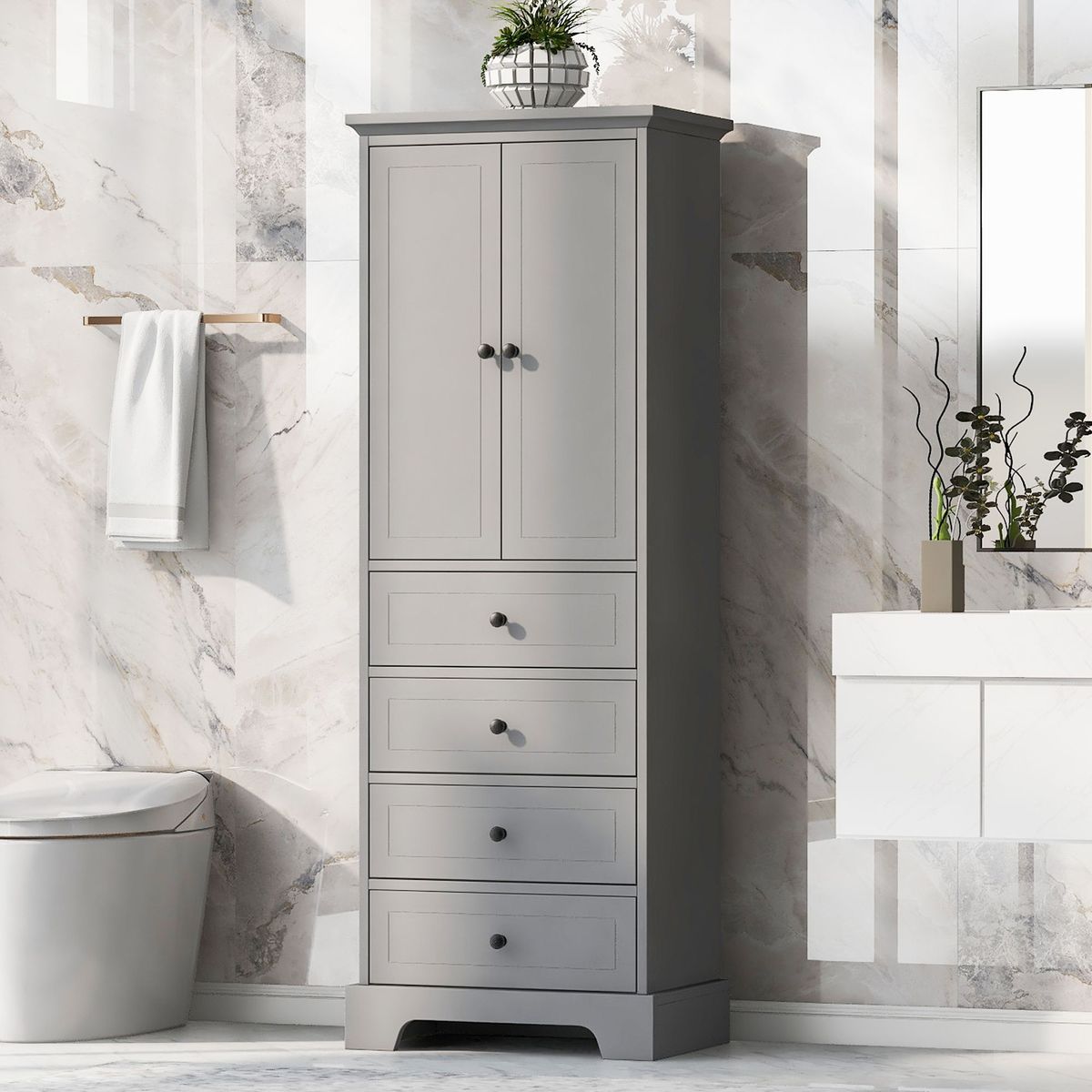 Storage Cabinet With 2 Doors And 4 Drawers For Bathroom, Office, Adjustable Shelf, MDF Board With Painted Finish_maomaolike.com