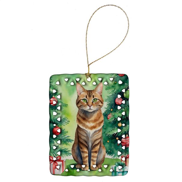 Sokoke Cat By The Christmas Tree Porcelain Ornament Christmas Tree Hanging Decorations For Home Christmas Holiday, Rectangle, Gift, Multicolor_maomaolike.com