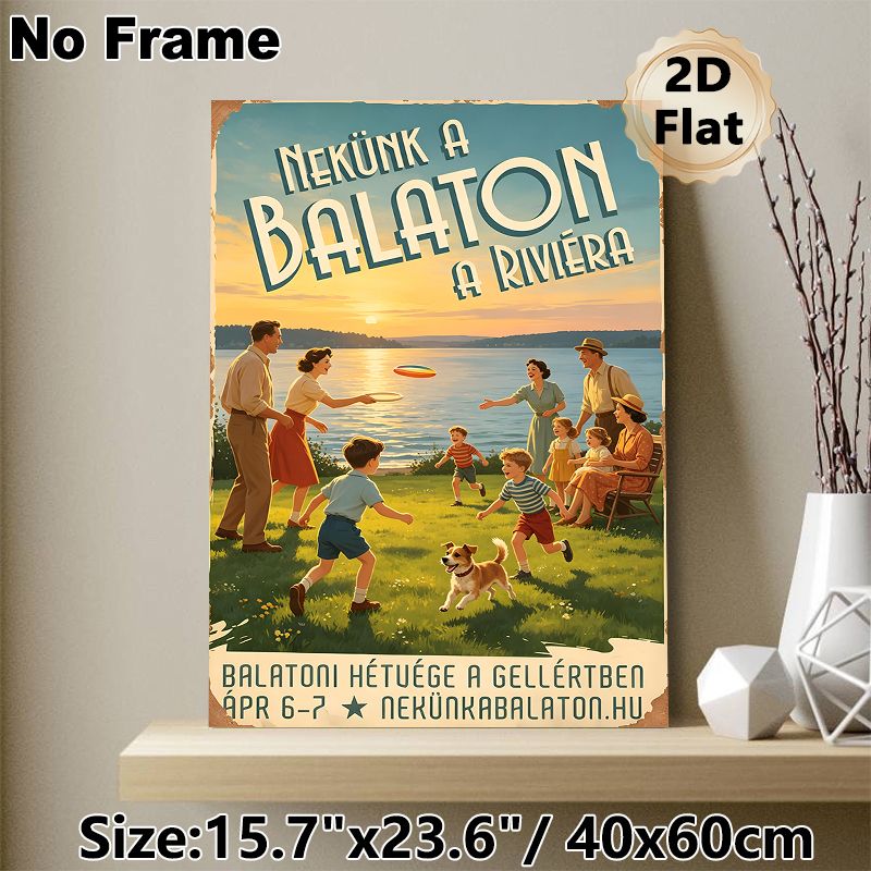 Lake Balaton Retro Gathering Painting Poster, Warm Vintage-style Lakeside Group Fun Scene Poster, Nostalgic Relaxing Wall Decor Idea For Living Room_maomaolike.com