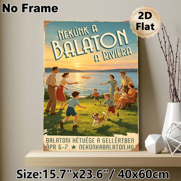 Lake Balaton Retro Gathering Painting Poster, Warm Vintage-style Lakeside Group Fun Scene Poster, Nostalgic Relaxing Wall Decor Idea For Living Room_maomaolike.com
