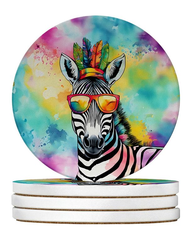Hippie Animal Zebra Large Sandstone Coasters Pack Of 4 Absorbent Round Coasters Decor Gifts For Men Or Women, 4 In, Multicolor_maomaolike.com