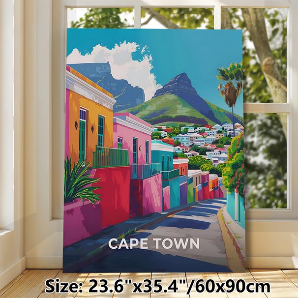 Cape Town Hillside Town Painting Poster, Vibrant Colorful Stylized Townscape Poster, Eye-catching Scenic Artwork Ideal For Living Room, Bedroom And_maomaolike.com