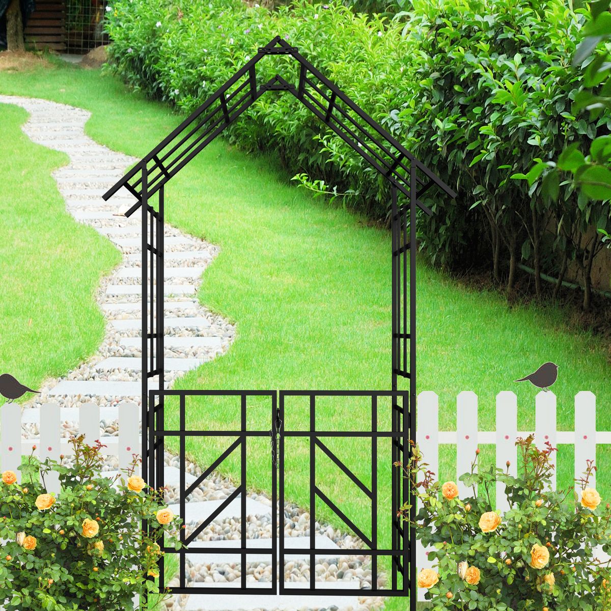 Metal Garden Arch With Gate W58.07*H97.24 Climbing Plants Support Rose Arch Outdoor Black_maomaolike.com