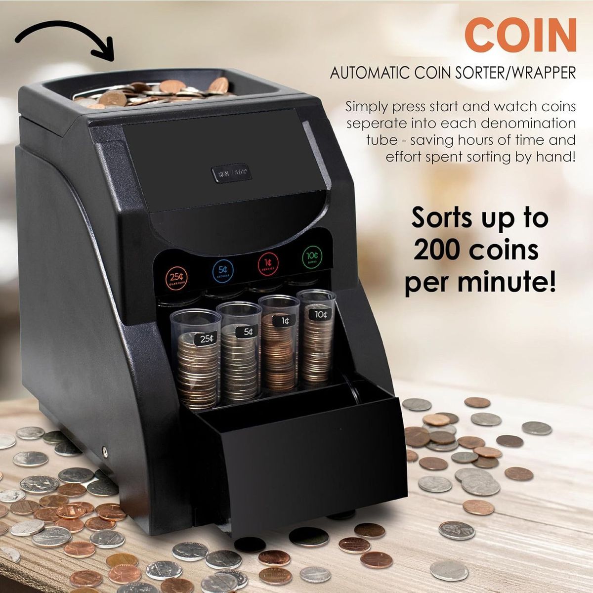 USD Coin Sorter, Coin Sorter Machine For USD Coin, Sorts Up To 230 Coins/min, Coin Sorter And Wrapper Machine Holds 200 Coins Included 4 Coin Tubes, Black_maomaolike.com