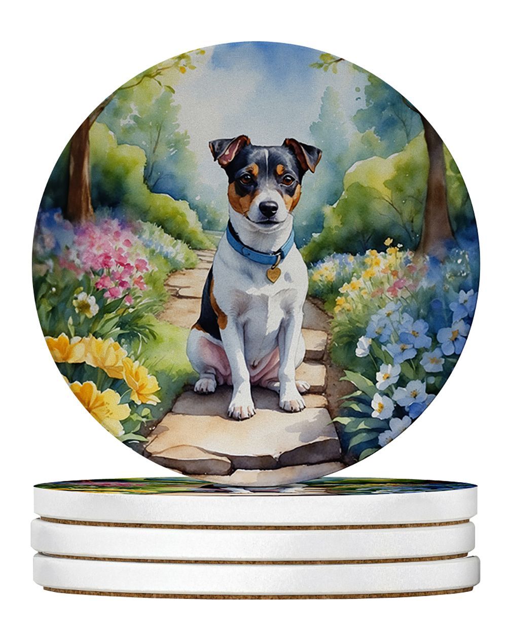 Jack Russell Terrier Spring Path Large Sandstone Coasters Pack Of 4 Absorbent Round Coasters Decor Gifts For Men Or Women, 4 In, Multicolor_maomaolike.com