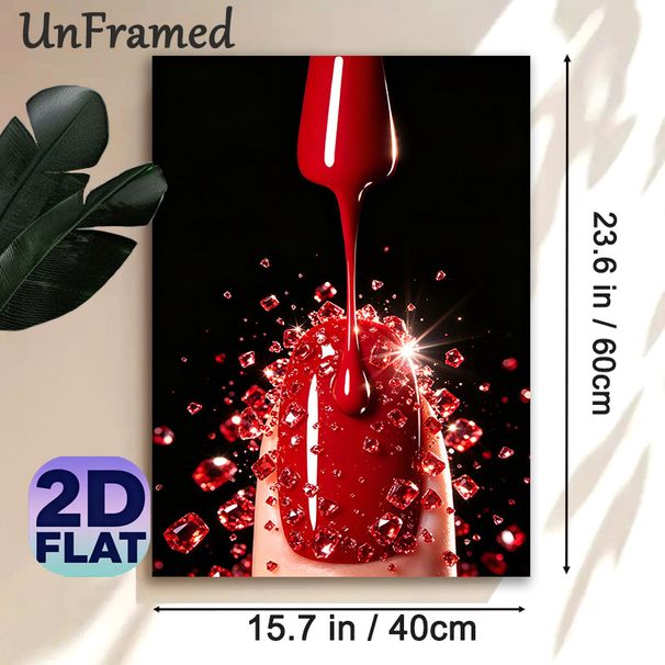 Red Nail Polish & Gem Painting Poster, Glamorous Sparkling Close-up Scene Poster, Eye-catching Glossy Design, Ideal For Beauty Salon, Bedroom Wall_maomaolike.com