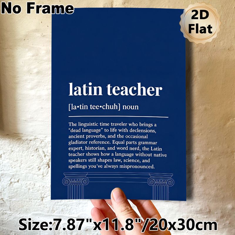 Latin Teacher Definition Painting Poster, Minimalist Typographic Dark Blue Poster With Greek Column Outline, Informative Humorous Decor Ideal For_maomaolike.com