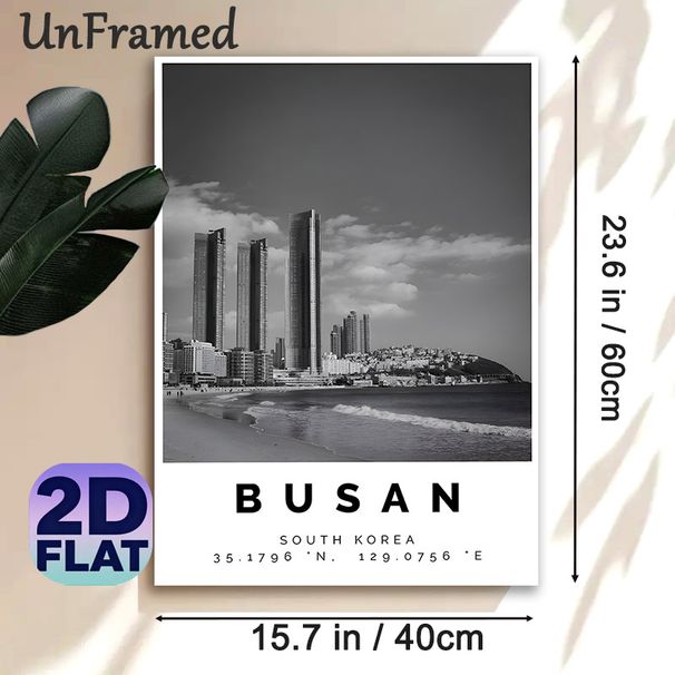 Busan Coastal City Painting Poster, Monochrome Urban Skyline & Beach Scene Poster, Elegant Cityscape Decor Suitable For Living Room, Office And_maomaolike.com