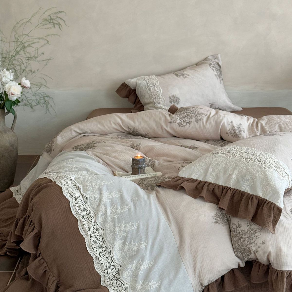 Nordic Boho French Vintage Style All-cotton Double-layer Four-piece Set, Pure Cotton Duvet Cover, Bed Sheet, Lace Trim,_maomaolike.com