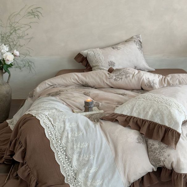 Nordic Boho French Vintage Style All-cotton Double-layer Four-piece Set, Pure Cotton Duvet Cover, Bed Sheet, Lace Trim,_maomaolike.com