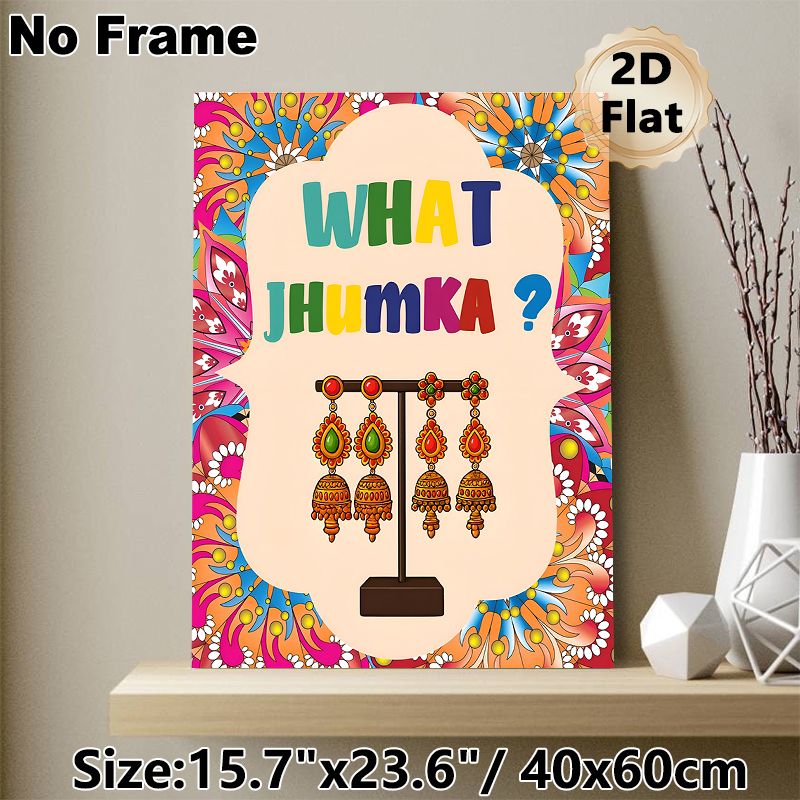Jhumka Themed Painting Poster, Vibrant Ethnic Style Poster, Colorful Indian Jhumka Earrings With Intricate Floral Border, Eye-catching Cultural Decor_maomaolike.com