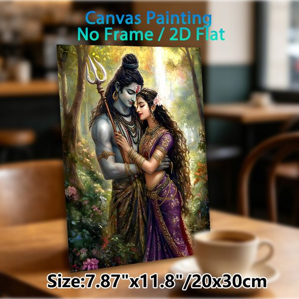 Shiva & Parvati Themed Painting Poster, Vibrant Romantic Forest Scene Poster, Exquisite Traditional Adornment Details, Ideal For Home And Prayer Room_maomaolike.com