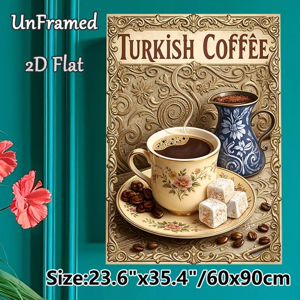 Turkish Coffee Painting Poster, Vintage Ornate Retro Style Poster, Featuring Floral Coffee Cup, Blue Pot, Turkish Delight And Coffee Beans, Brings_maomaolike.com