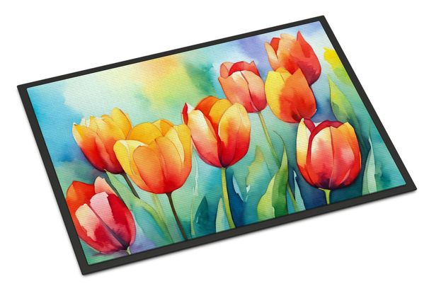 Tulips In Watercolor Doormat Front Door Mat Indoor Outdoor Rugs For Entryway, Non Slip Washable Low Pile, 24H X 36W_maomaolike.com