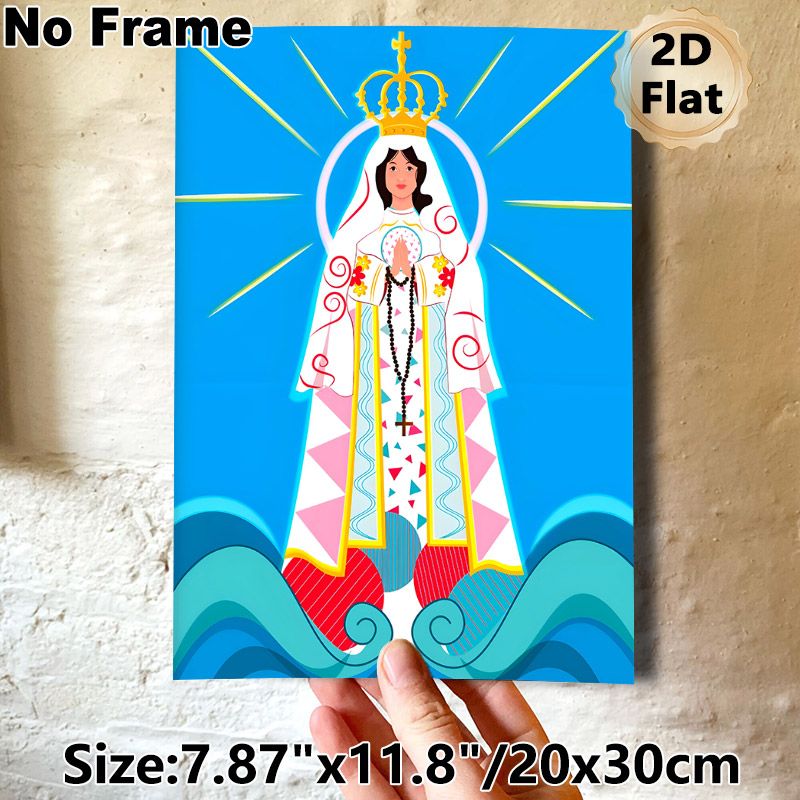 Our Lady Of The Sea Painting Poster, Vibrant Graphic Style Poster, Serene Religious Artwork Featuring Crowned Virgin With Rosary Standing On Waves_maomaolike.com