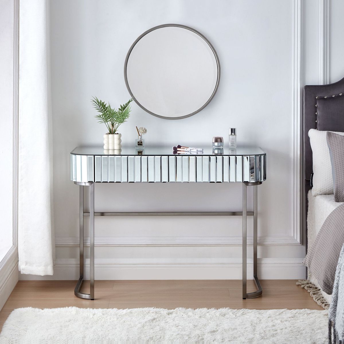 39" Mirrored Makeup Vanity Table With Stainless Steel Base, Mirrored Console Dressing Table With 2 Drawers,Versatile Desk For Bedroom And Office, Gray_maomaolike.com