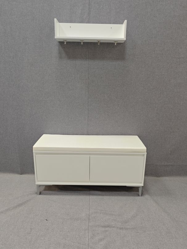 Wall-Mounted Entryway Shelf With Hooks And Storage Bench Set, Modern White Shoe Cabinet With Cushion And Closed Storage For Hallway, Bedroom, Or Mudroom_maomaolike.com